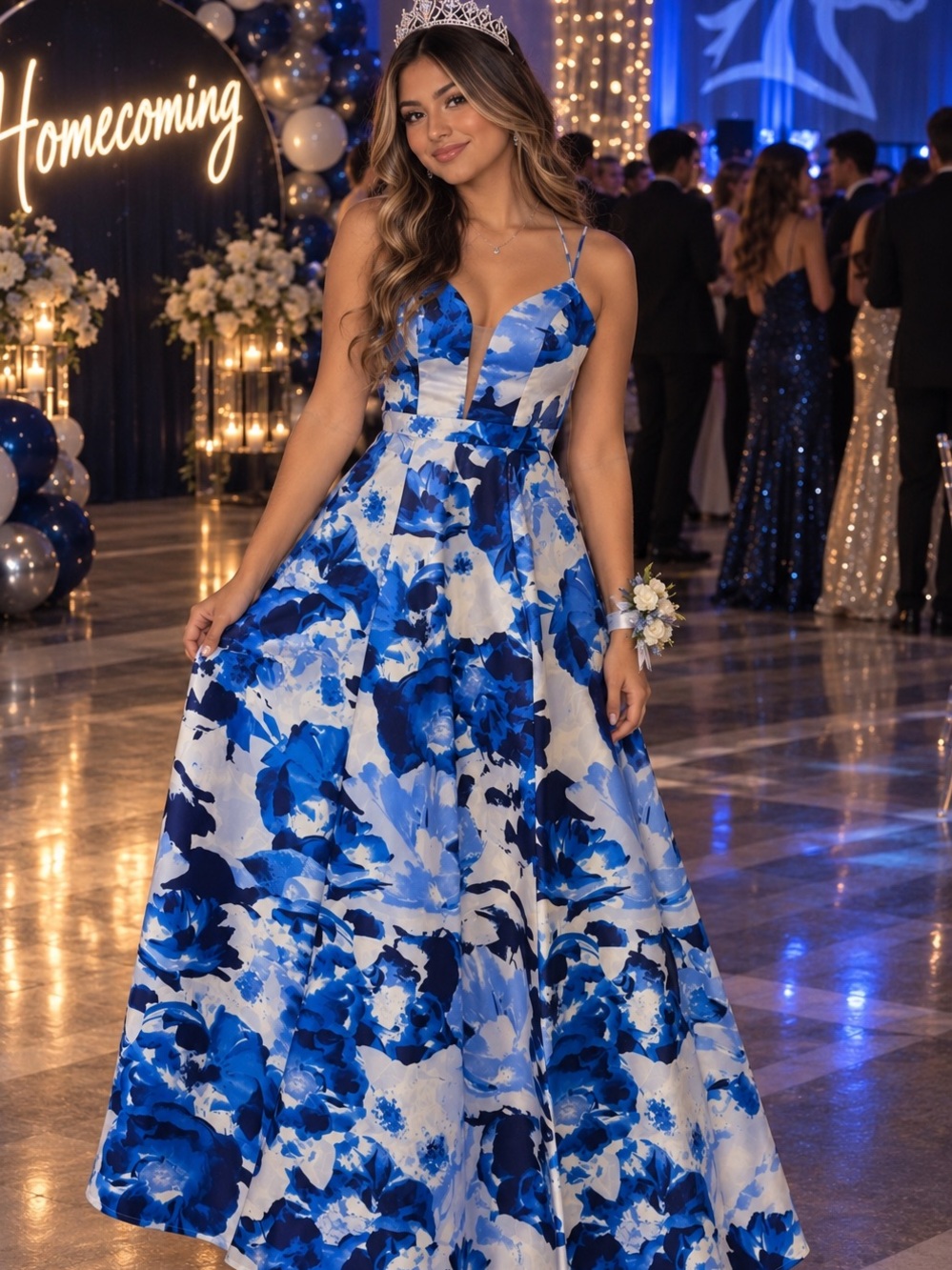 Sequin Hearts Blue White Floral Maxi Dress Size 1 Spaghetti Strap NWOT